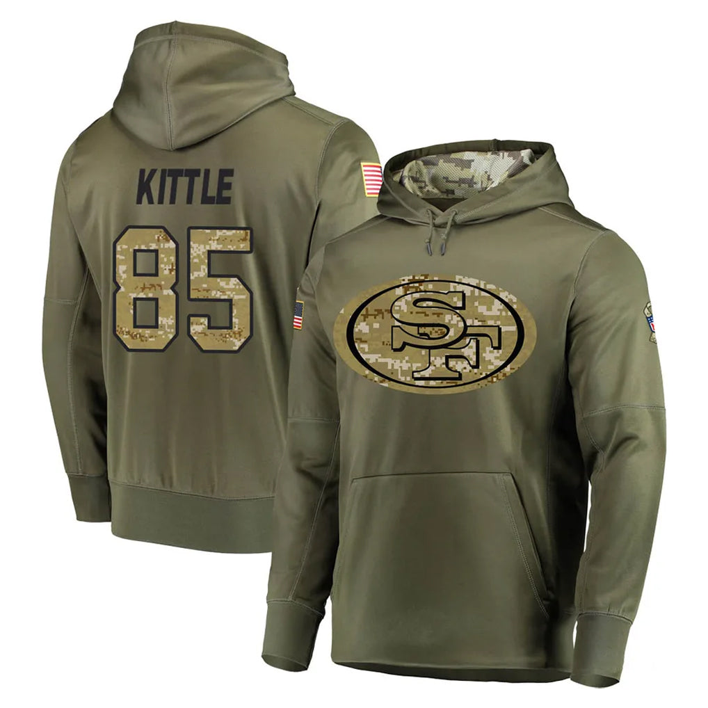 CAdoa SF.49ers #85 George Kittle Player Olive Salute to Service Pullover Hoodie Home Game Stitched Jerseys
