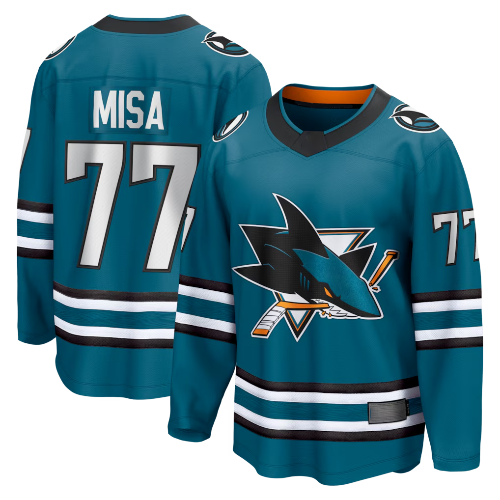 CAdoa S.Jose Sharks #77 Michael Misa Teal Breakaway Jerseys