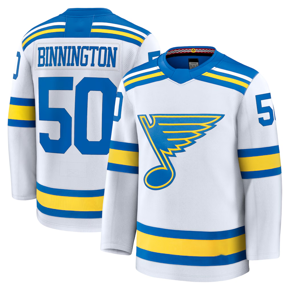 CAdoa St.L.Blues #50 Jordan Binnington White Away Premium Player Jerseys