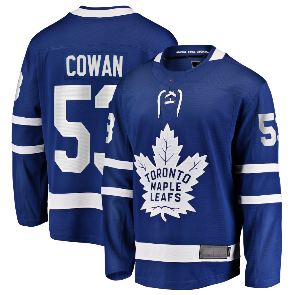 CAdoa T.Maple Leafs #53 Easton Cowan Blue Home Breakaway Jerseys