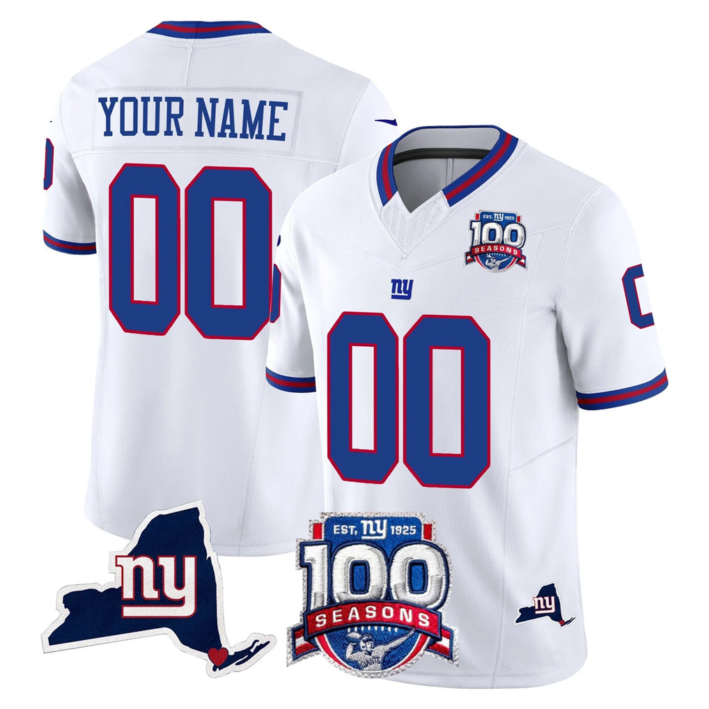 Custom NY.Giants White 100th Season & State Patch Vapor Limited Home Game Any Name & Numbers CAdoa Stitched Jerseys