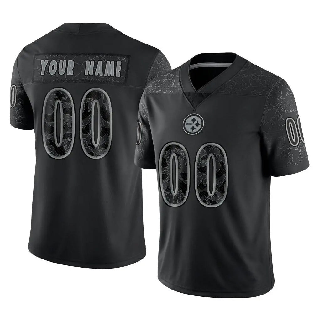 Custom P.Steelers Black Reflective Limited Home Game Any Name & Numbers CAdoa Stitched Jerseys