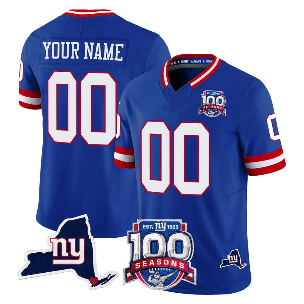 Custom NY.Giants Royal 100th Season & State Patch Vapor Limited Home Game Any Name & Numbers CAdoa Stitched Jerseys