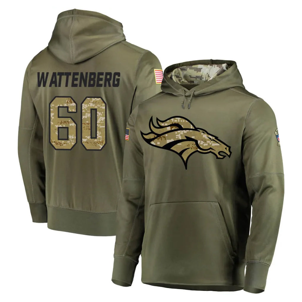 D.Broncos #60 Luke Wattenberg Player Olive Salute to Service Pullover Hoodies Home Game CAdoa Stitched Jerseys