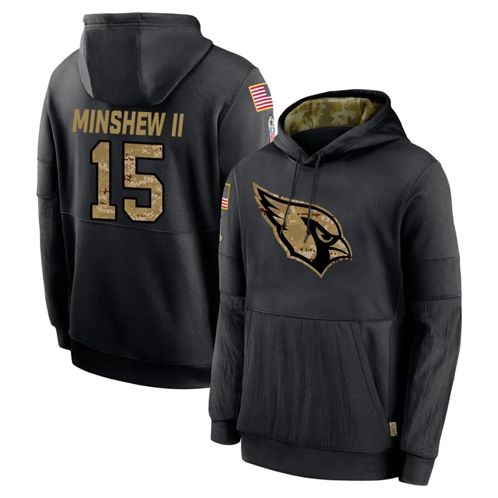 A.Cardinals #15 Gardner Minshew II Player Black Salute to Service Sideline Performance Pullover Hoodies Home Game CAdoa Stitched Jerseys