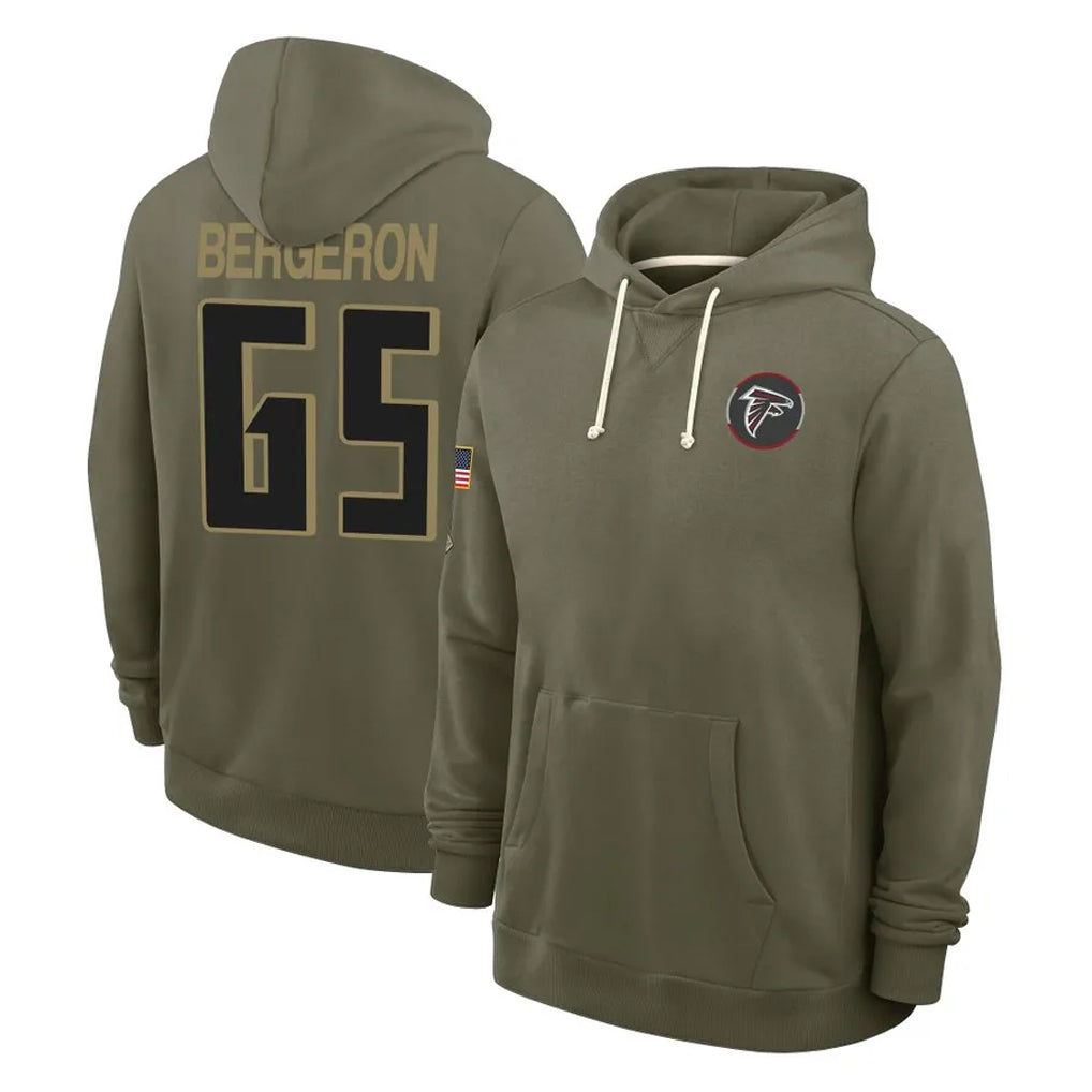 A.Falcons #65 Matthew Bergeron Player Olive 2025 Salute to Service Hoodies CAdoa Stitched Jerseys