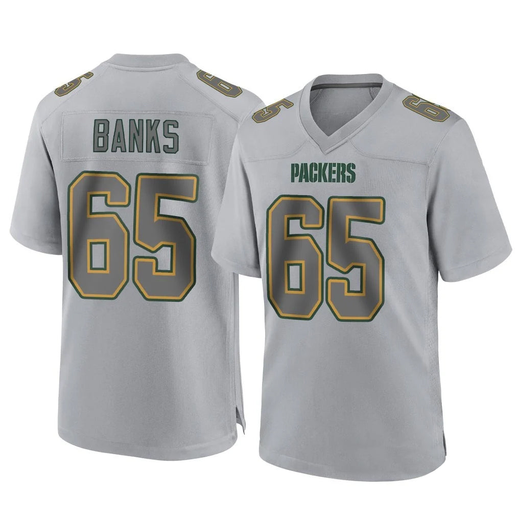 GB.Packers #65 Aaron Banks Player Gray Atmosphere Fashion Home Game CAdoa Stitched Jerseys
