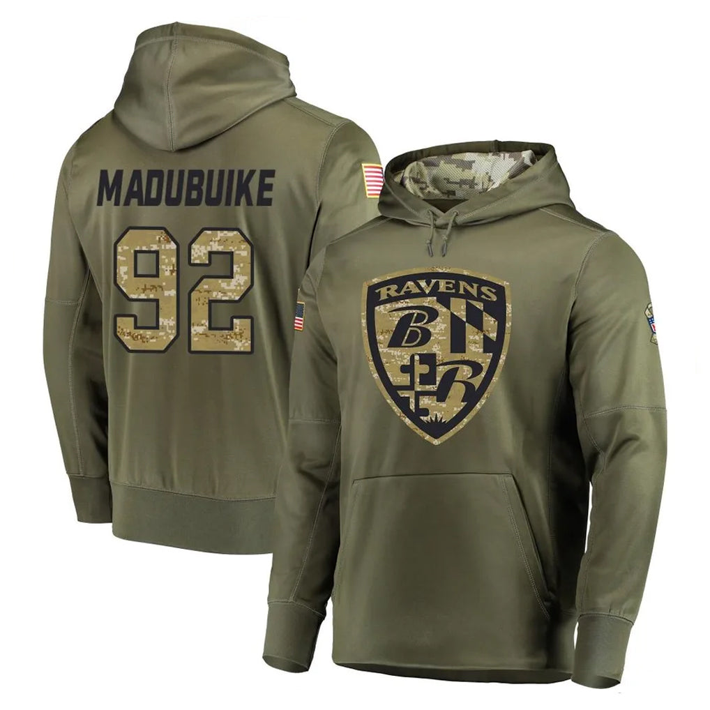 B.Ravens #92 Nnamdi Madubuike Player Olive Salute to Service Pullover Hoodie CAdoa Stitched Jerseys