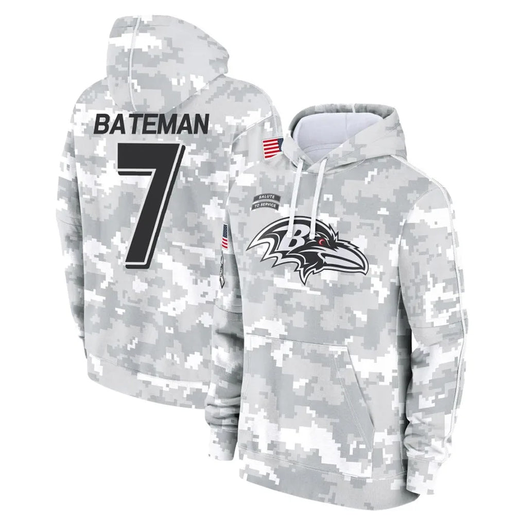 B.Ravens #7 Rashod Bateman Player Arctic Camo Salute to Service Pullover Hoodie CAdoa Stitched Jerseys