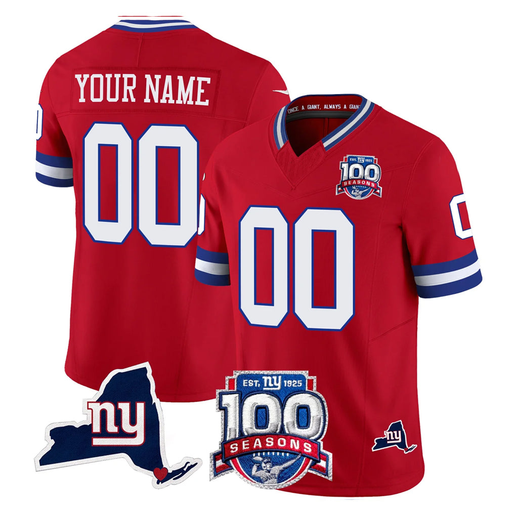 Custom NY.Giants Red 100th Season & State Patch Vapor Limited Home Game Any Name & Numbers CAdoa Stitched Jerseys