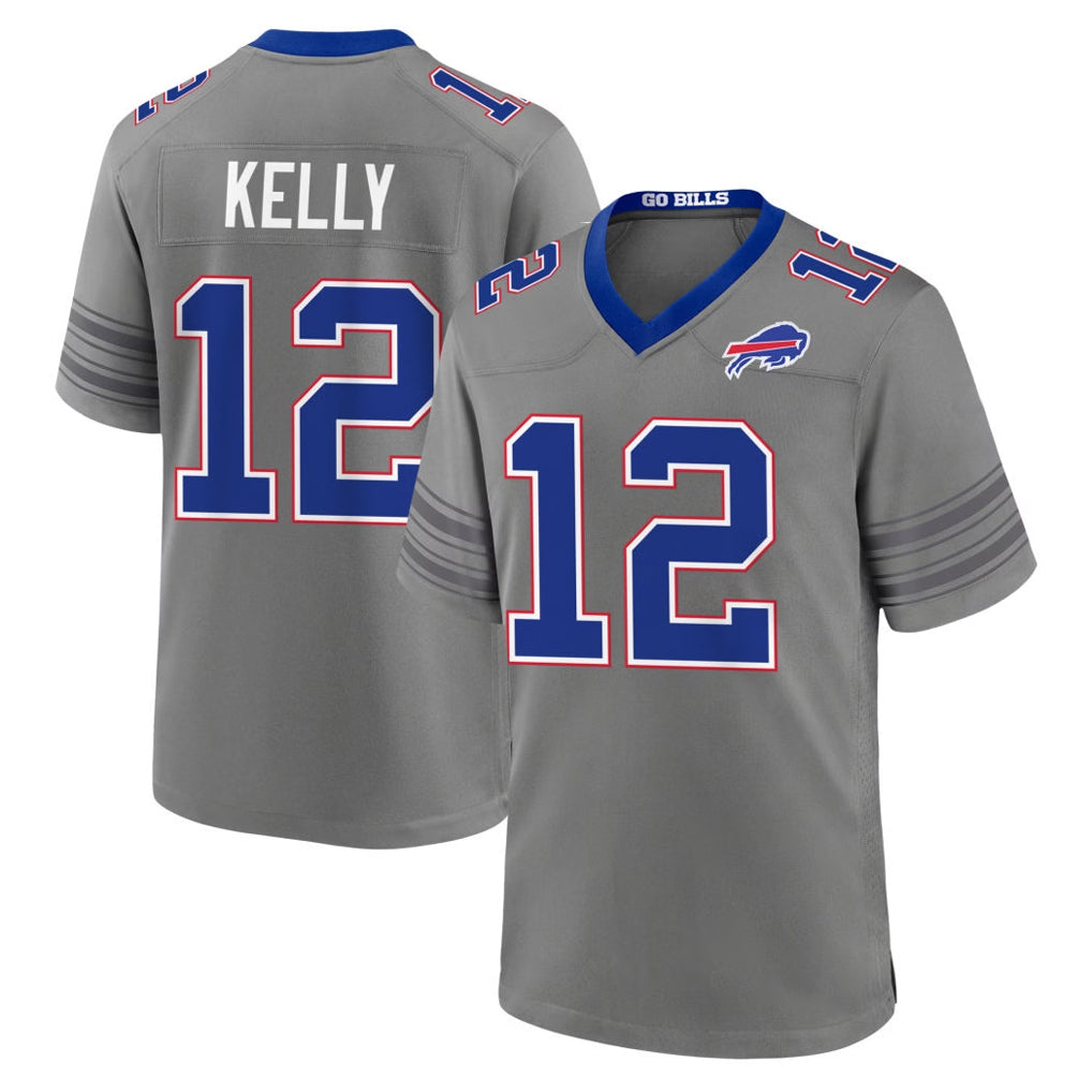 B.Bills #12 Jim Kelly Player Gray Nickel City Home Game CAdoa Stitched Jerseys