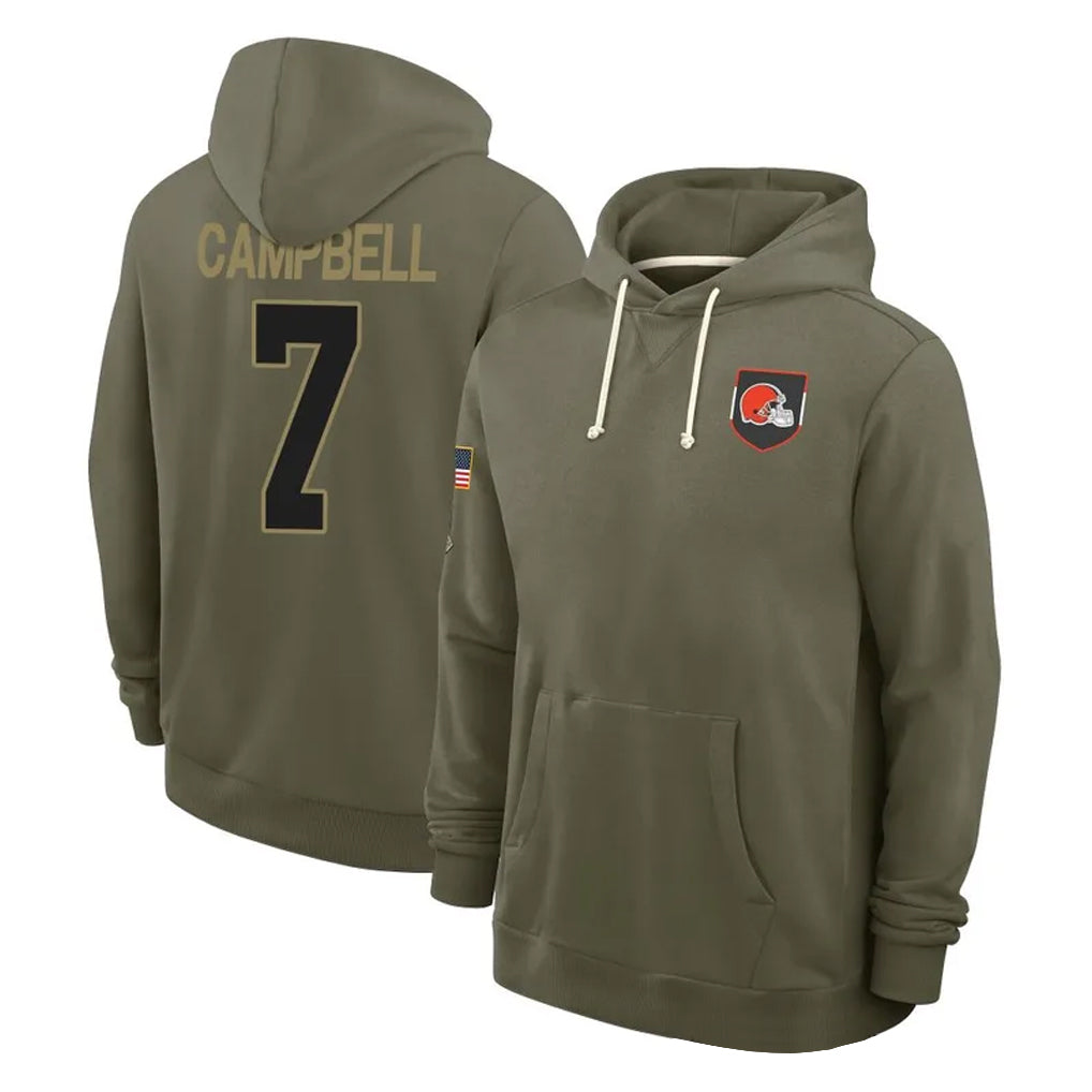 C.Browns #7 Tyson Campbell Player Olive Salute to Service Pullover Hoodies Limited CAdoa Stitched Jerseys